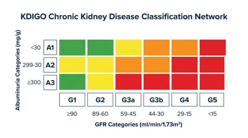شبکه KDIGO، GFR و آلبومینوری را برای تعیین دسته خطر بیمار ترکیب می‌کند.