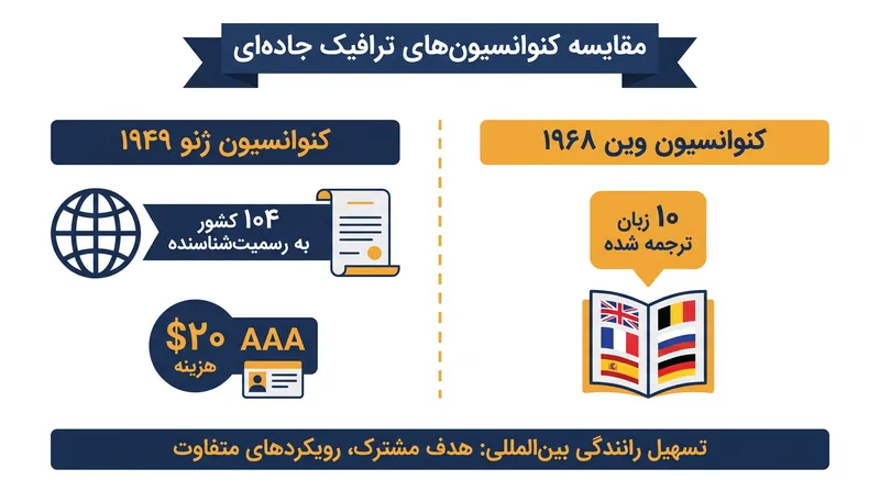 کنوانسیون ۱۹۴۹ ژنو همچنان استاندارد برای رانندگان ایالات متحده است و مدارک را به ۱۰ زبان ترجمه می‌کند.