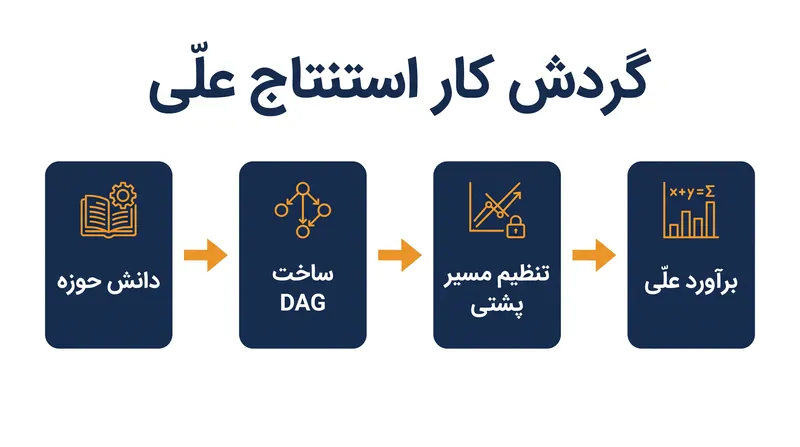 خط لوله استنتاج علّی به دانش حوزه انسانی متکی است تا مدل ساختاری را پیش از شروع تنظیم آماری تعریف کند.