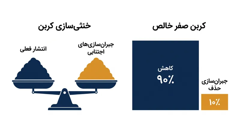 کربن صفر خالص نیازمند کاهش مطلق ۹۰ درصدی در انتشار است، در حالی که خنثی‌سازی کربن بیشتر به جبران‌سازی‌ها متکی است.