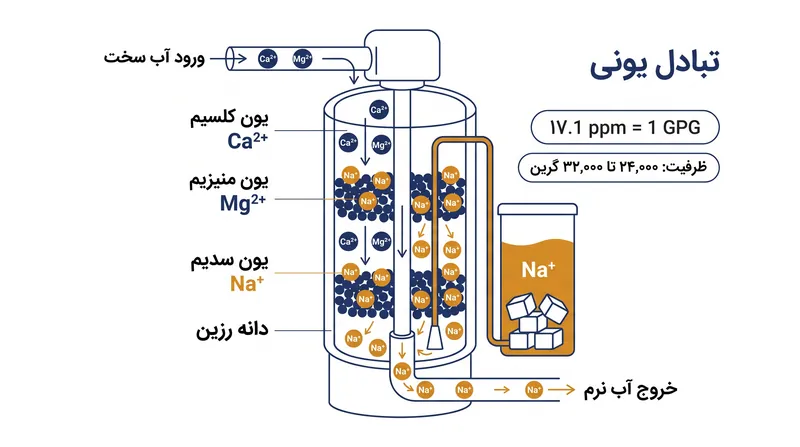 تبادل یونی با جایگزینی کلسیم و منیزیم با سدیم روی سطح دانه‌های رزین با بار منفی، سختی را حذف می‌کند.
