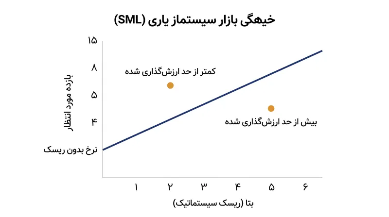 دارایی‌هایی که بالاتر از خط بازار اوراق بهادار ترسیم می‌شوند، کمتر از حد ارزش‌گذاری شده و دارایی‌هایی که پایین‌تر از آن قرار می‌گیرند، بیش از حد ارزش‌گذاری شده تلقی می‌شوند.