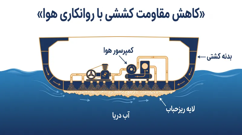 ریزحباب‌های تزریق شده به زیر بدنه، چگالی لایه مرزی را کاهش داده و مقاومت کششی را کم می‌کنند.