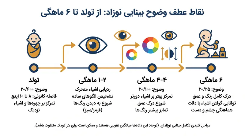 وضوح بینایی نوزاد در طول شش ماه اول زندگی به طور چشمگیری افزایش می‌یابد.
