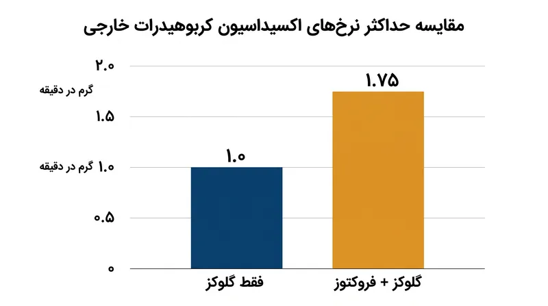 ترکیب گلوکز و فروکتوز، حداکثر اکسیداسیون کربوهیدرات خارجی را تا ۷۵ درصد افزایش می‌دهد.