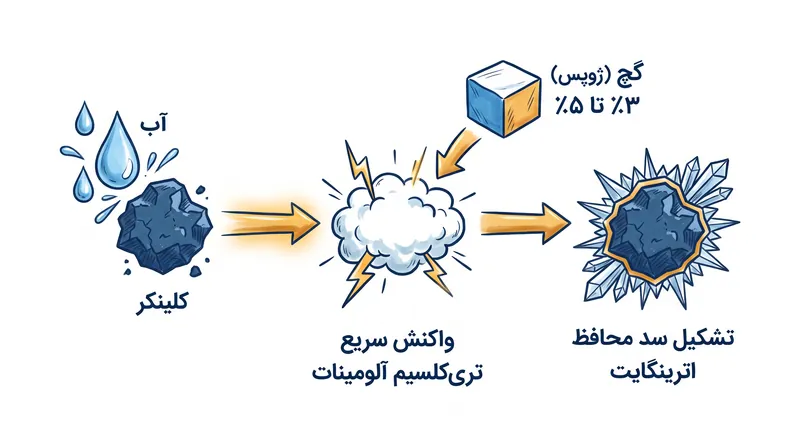 گچ به عنوان یک ترمز شیمیایی عمل می‌کند و از گیرش ناگهانی سیمان پرتلند جلوگیری می‌نماید.