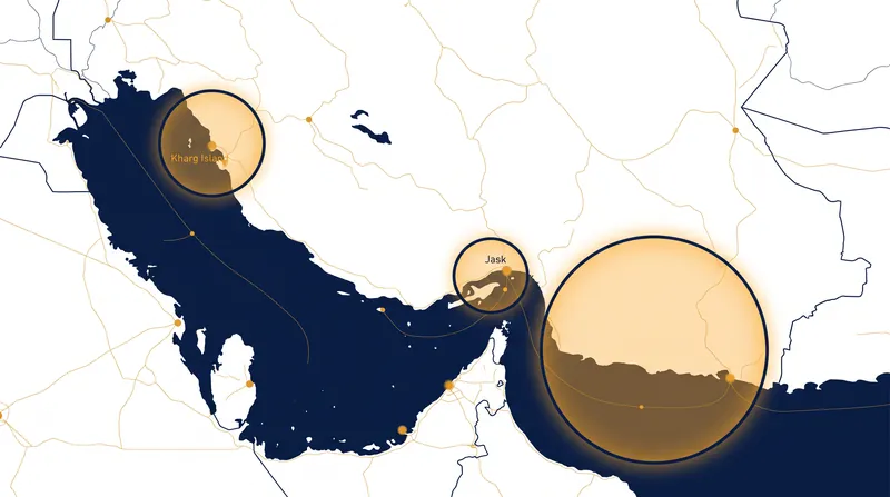 موقعیت سه نفتکش ایرانی که در تاریخ ۵ سپتامبر توسط نیروهای آمریکایی مورد اصابت قرار گرفتند.