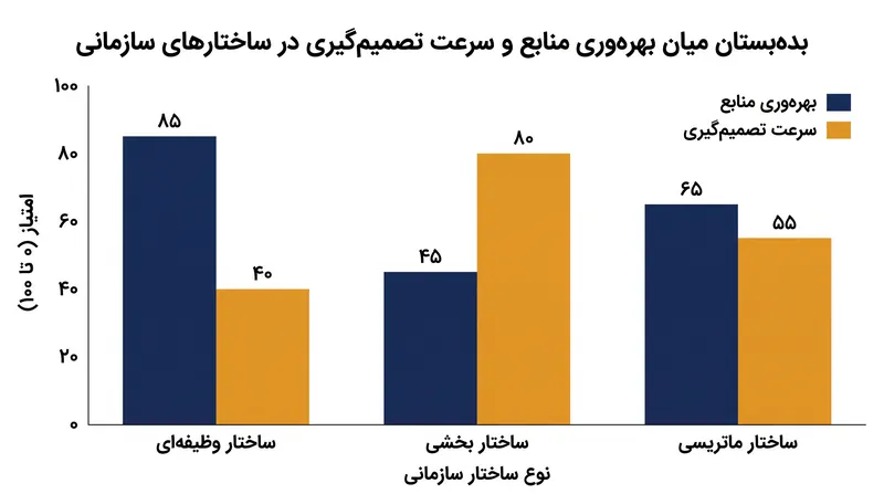 ساختارهای وظیفه‌ای بهره‌وری منابع را به حداکثر می‌رسانند، در حالی که ساختارهای بخشی سرعت تصمیم‌گیری محلی را در اولویت قرار می‌دهند.