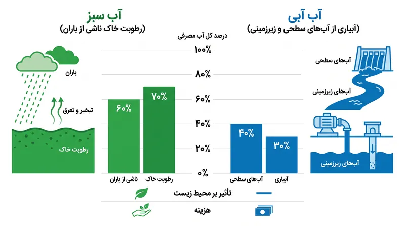 در حالی که آب سبز بخش عمده تجارت آب مجازی را تشکیل می‌دهد، استخراج آب آبی عامل شدیدترین پیامدهای زیست‌محیطی است.