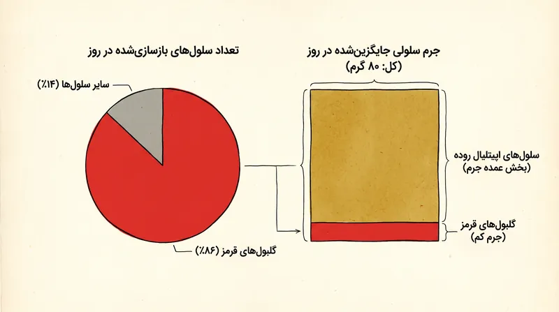 از آنجا که سلول‌های اپیتلیال بزرگ و دارای هسته هستند، پوشش روده بیشترین جرم جایگزینی روزانه را به خود اختصاص می‌دهد.