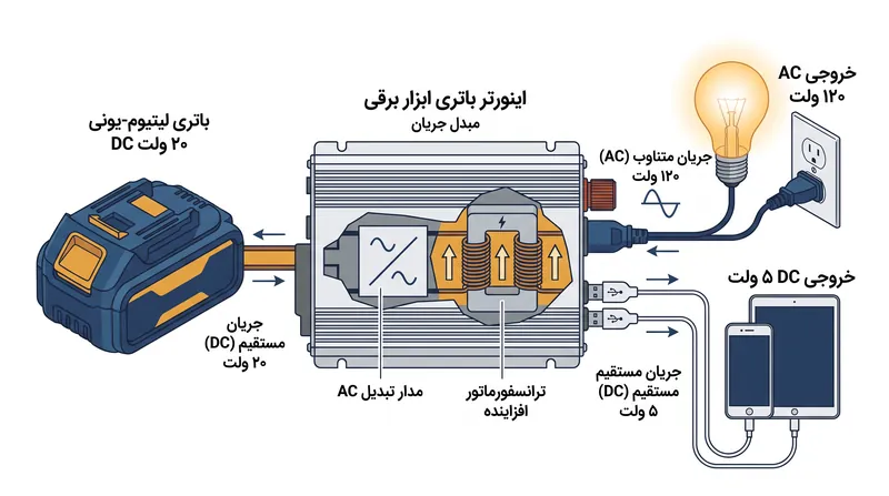 اینورترها جریان مستقیم ۱۸ یا ۲۰ ولت باتری را به جریان متناوب ۱۲۰ ولت برای دوشاخه‌های استاندارد خانگی افزایش می‌دهند.