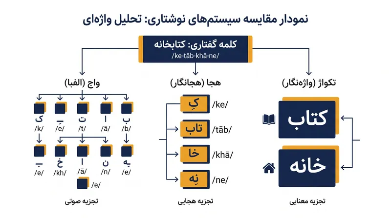 سیستم‌های نوشتاری، زبان را در سه وضوح مختلف رمزگذاری می‌کنند: صدا، هجا، یا معنا.