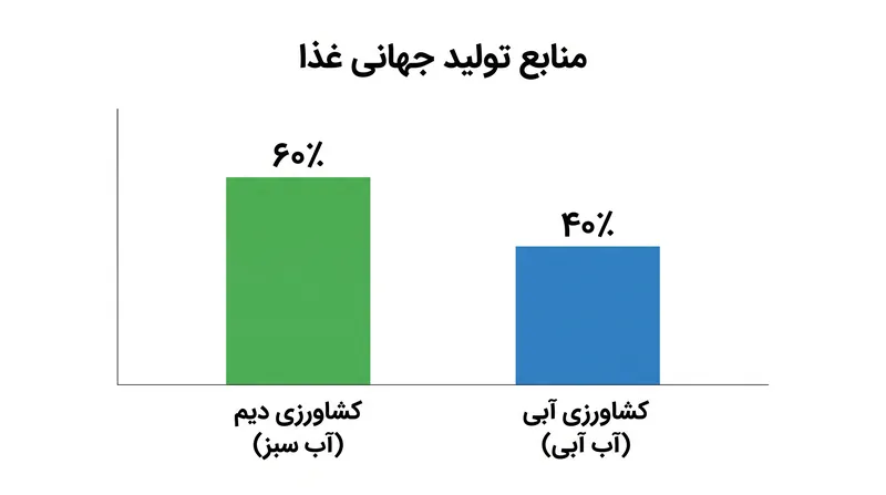 کشاورزی دیم که کاملاً به آب سبز وابسته است، بخش عمده تولید جهانی غذا را به خود اختصاص می‌دهد.
