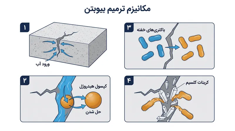 چگونه باکتری‌های کپسوله‌شده و لاکتات کلسیم با آب واکنش می‌دهند تا شکاف‌های بتن را ببندند.