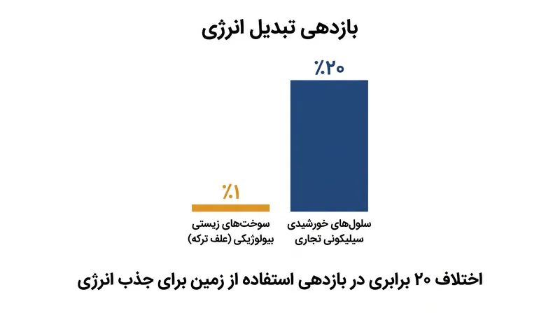 پنل‌های خورشیدی تجاری نور خورشید را با بازدهی تقریباً ۲۰ برابر بیشتر از محصولات بیولوژیکی قابل برداشت به انرژی تبدیل می‌کنند.