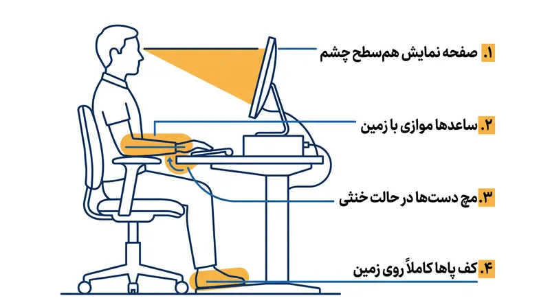 تنظیم درست و ارگونومیک بدن، فشارهای عضلانی و اسکلتی را در طول جلسات طولانی مطالعه کاهش می‌دهد.