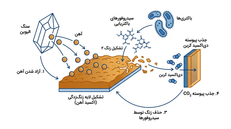 چگونه سیدروفورهای باکتریایی از گلوگاه اکسیداسیون آهن در هوازدگی سنگ عبور می‌کنند.