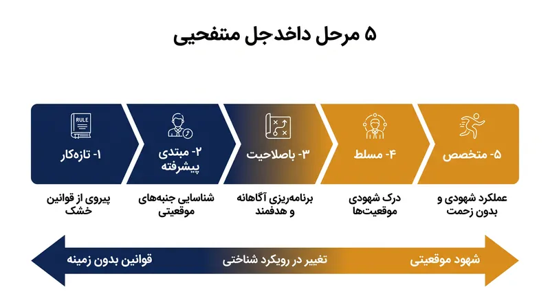 پنج مرحله کسب مهارت، گذار از پیروی خشک از قوانین به تشخیص کل‌نگرانه الگوها را نشان می‌دهد.