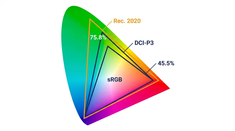 فضای رنگی Rec. 2020 نزدیک به ۷۶ درصد از بینایی انسان را در بر می‌گیرد و استاندارد DCI-P3 مورد استفاده در نمایشگرهای فعلی را کوچک جلوه می‌دهد.