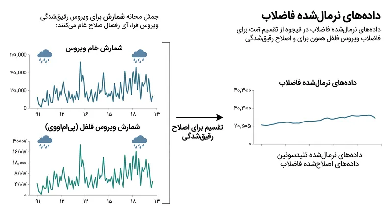 مدل‌ها از نشانگرهای زیستی درون‌زاد مانند PMMoV برای تفکیک روندهای واقعی عفونت از رقیق‌شدگی محیطی استفاده می‌کنند.