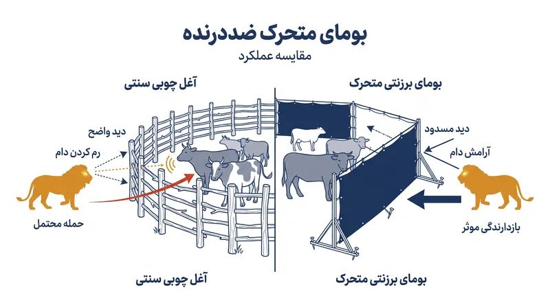 از آنجا که شیرها شکارچیانی متکی به بینایی هستند، موانع مات مانع از قفل شدن نگاه آن‌ها روی طعمه و ایجاد رم در گله می‌شوند.