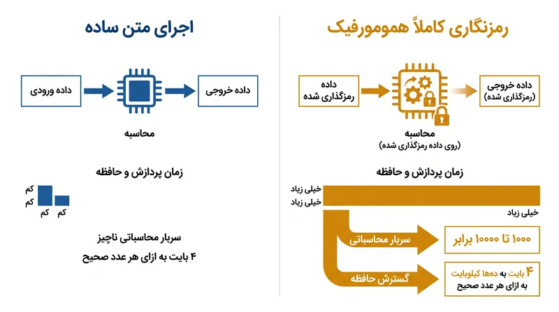 افت عملکرد ساختاری ناشی از محاسبه روی داده‌های رمزنگاری‌شده.