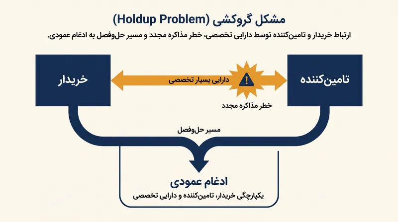 دارایی‌های بسیار تخصصی آسیب‌پذیری متقابل ایجاد می‌کنند که اغلب از طریق تصاحب و ادغام حل می‌شود.