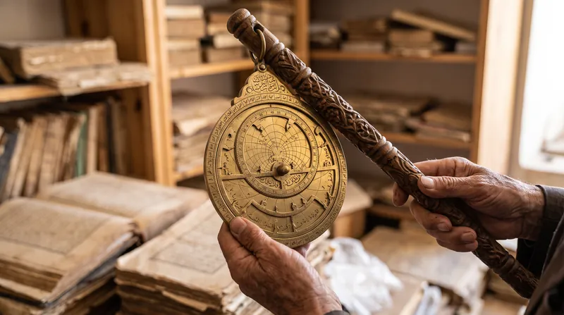 A wooden rod with geometric carvings and a string resting on ancient astronomical manuscripts.
