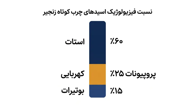 استات، پروپیونات و بوتیرات ۹۵ درصد از اسیدهای چرب کوتاه‌زنجیر تولیدشده در روده بزرگ انسان را تشکیل می‌دهند.