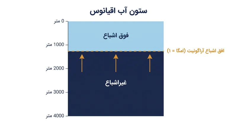 افق اشباع آراگونیت عمقی را نشان می‌دهد که در آن کربنات کلسیم شروع به حل شدن می‌کند؛ مرزی که به‌طور پیوسته در حال حرکت به سمت سطح آب است.