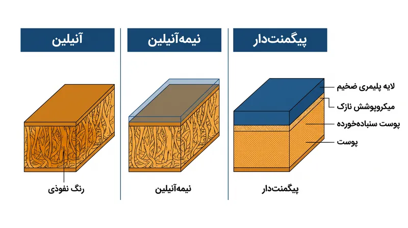 تفاوت میکروسکوپی: چرم پیگمنت‌دار به یک لایه ضخیم پلیمری در سطح متکی است، در حالی که آنیلین کاملاً به رنگ‌های محلول وابسته است.