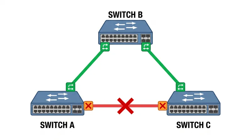 پروتکل Spanning Tree توپولوژی شبکه را نقشه‌برداری کرده و مسیرهای اضافی را به‌طور منطقی مسدود می‌کند تا از طوفان‌های پخش جلوگیری کند.
