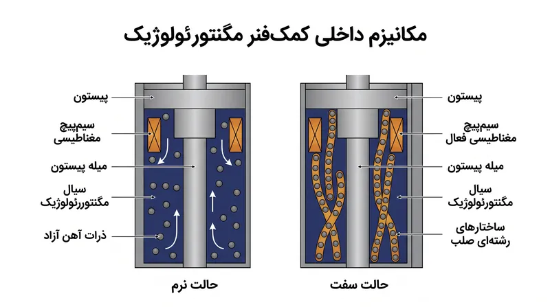 هنگامی که یک سیم‌پیچ الکترومغناطیسی میدانی را اعمال می‌کند، ذرات آهن موجود در سیال در یک راستا قرار می‌گیرند تا مقاومت را افزایش دهند.