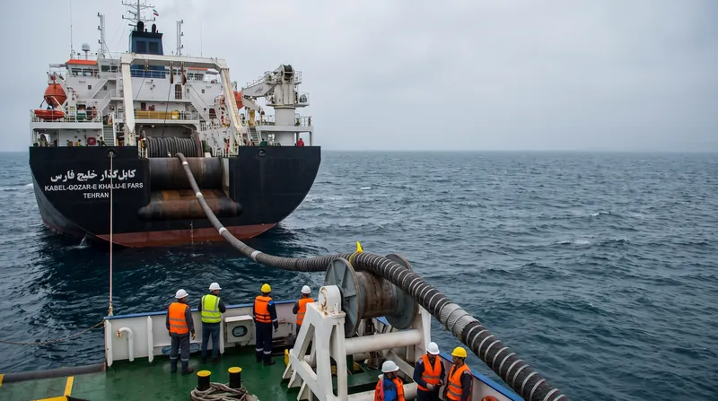 A thick submarine communications cable resting on the sandy ocean floor, illuminated by a faint light.