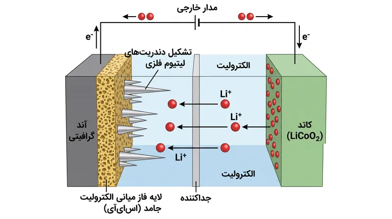 نحوه تعامل یون‌های لیتیوم با آند گرافیتی در طول عملکرد استاندارد و شارژ سریع.