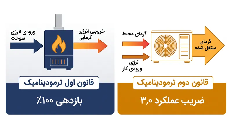 در حالی که کوره‌ها با شکستن پیوندهای شیمیایی گرما تولید می‌کنند، پمپ‌های حرارتی از کار مکانیکی برای جابه‌جایی گرمای محیطی موجود بهره می‌برند.