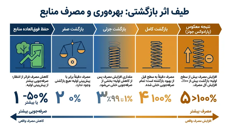 اقتصاددانان واکنش‌های رفتاری به افزایش بهره‌وری را در یک طیف دسته‌بندی می‌کنند، که در آن پارادوکس جونز نشان‌دهنده سناریوی افراطی «نتیجه معکوس» است.