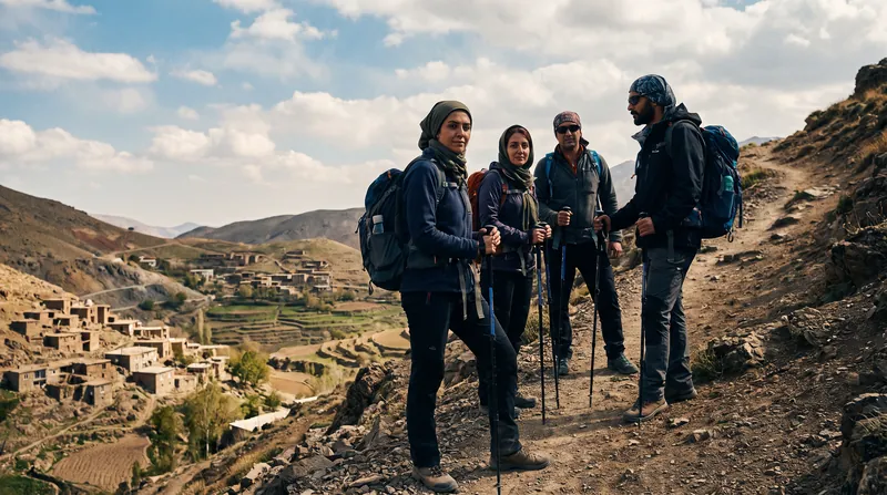 A hiker with a heavy backpack and trekking poles walking on a steep mountain trail.