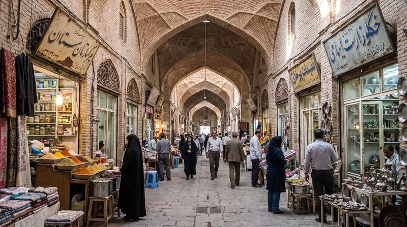 A traditional Persian bazaar with vaulted brick ceilings and sunlight shining through circular roof openings.