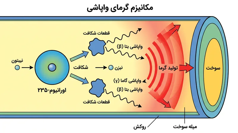 گرمای واپاشی زمانی تولید می‌شود که قطعات ناپایدار شکافت، ذرات بتا و پرتوهای گاما ساطع می‌کنند و انرژی جنبشی را در درون میله سوخت به انرژی حرارتی تبدیل می‌کنند.