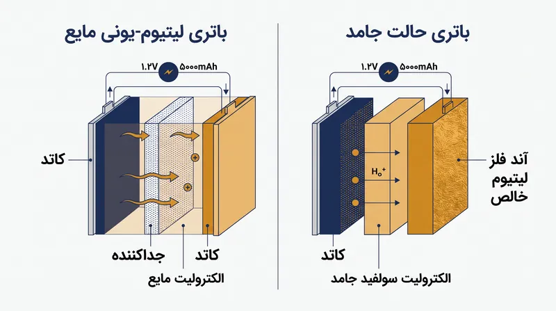 باتری‌های حالت جامد الکترولیت مایع اشتعال‌پذیر را با یک سد جامد جایگزین می‌کنند و امکان استفاده از آند فلز لیتیوم خالص را فراهم می‌سازند.
