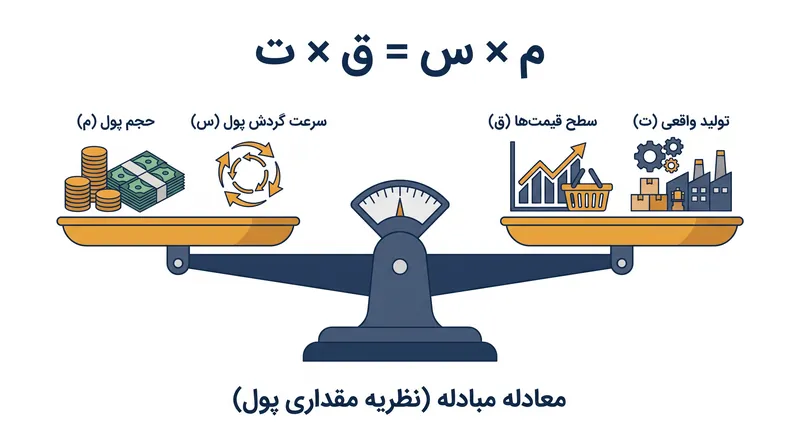 معادله مبادله فیشر حکم می‌کند که حجم پول و سرعت گردش آن باید با قیمت‌ها و تولید در تعادل باشد.