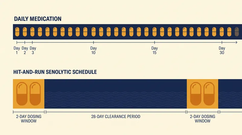 از آنجا که تجمع مجدد سلول‌های پیر هفته‌ها طول می‌کشد، سنولیتیک‌ها به جای مصرف روزانه، به صورت دوره‌ای تجویز می‌شوند.