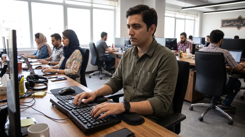 Close-up of hands typing on an ergonomic keyboard with proper wrist alignment in a bright office.