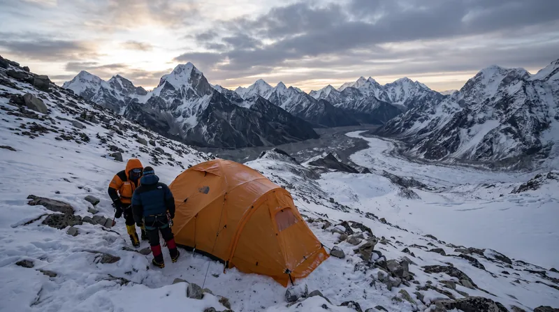 A yellow tent pitched on a snowy mountain ridge at high altitude during dusk.