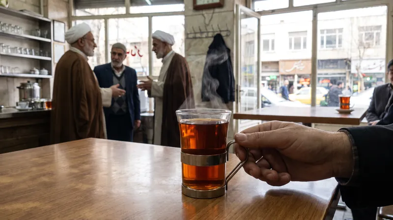 یک استکان شیشه‌ای حاوی چای سیاه خوش‌رنگ ایرانی در کنار یک سماور سنتی با بخار ملایم