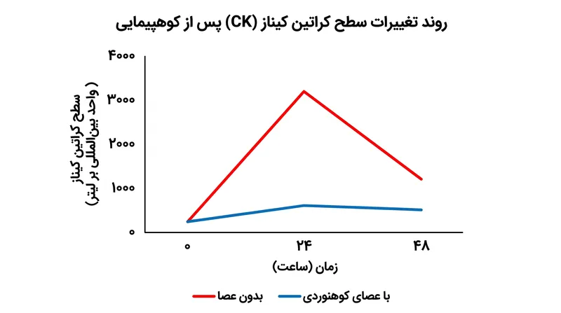 کوهنوردانی که در کوه اسنودون از عصا استفاده کردند، ۴۸ ساعت پس از فرود، شاخص‌های آسیب فیبر عضلانی بسیار پایین‌تری نشان دادند.