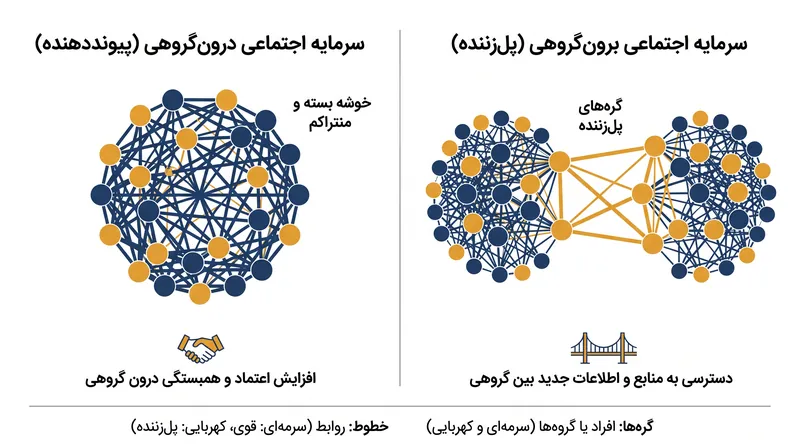 پیوندهای درون‌گروهی شبکه‌های متراکم و بسته‌ای ایجاد می‌کنند، در حالی که پیوندهای برون‌گروهی گروه‌های مجزا را برای اشتراک‌گذاری اطلاعات جدید به هم متصل می‌سازند.