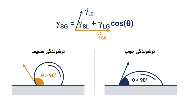 زاویه تماس به‌عنوان شاخص بصری اصلی برای نشان دادن برآورده شدن شرط ترشوندگی عمل می‌کند.