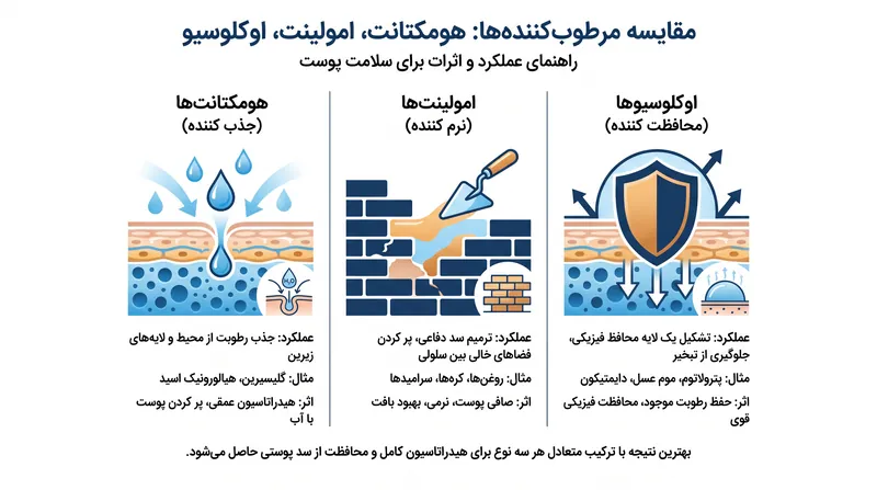 نحوه تعامل این سه دسته از ترکیبات مرطوب‌کننده با سد دفاعی پوست.